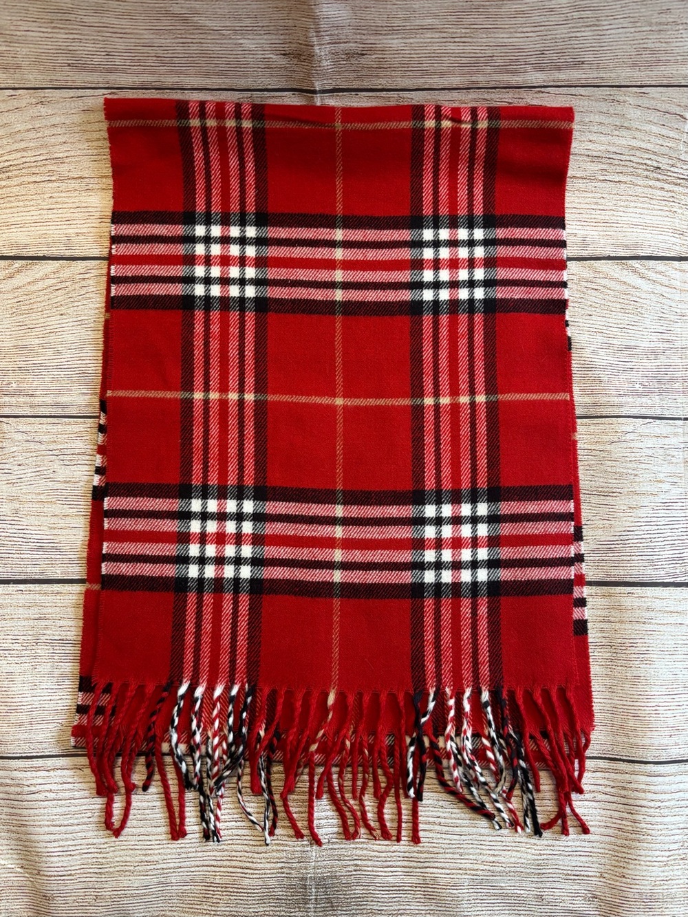 Cashmere Plaid Woven Fringe Rectangle Scarf Red Black White Made in Scotland